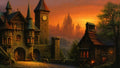 GRID THUMBNAIL — Medieval stone village with a clock tower and glowing windows, cottage and tree in foreground, and a vast citadel silhouetted against an orange sunset sky.