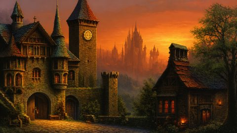 GRID THUMBNAIL — Medieval stone village with a clock tower and glowing windows, cottage and tree in foreground, and a vast citadel silhouetted against an orange sunset sky.