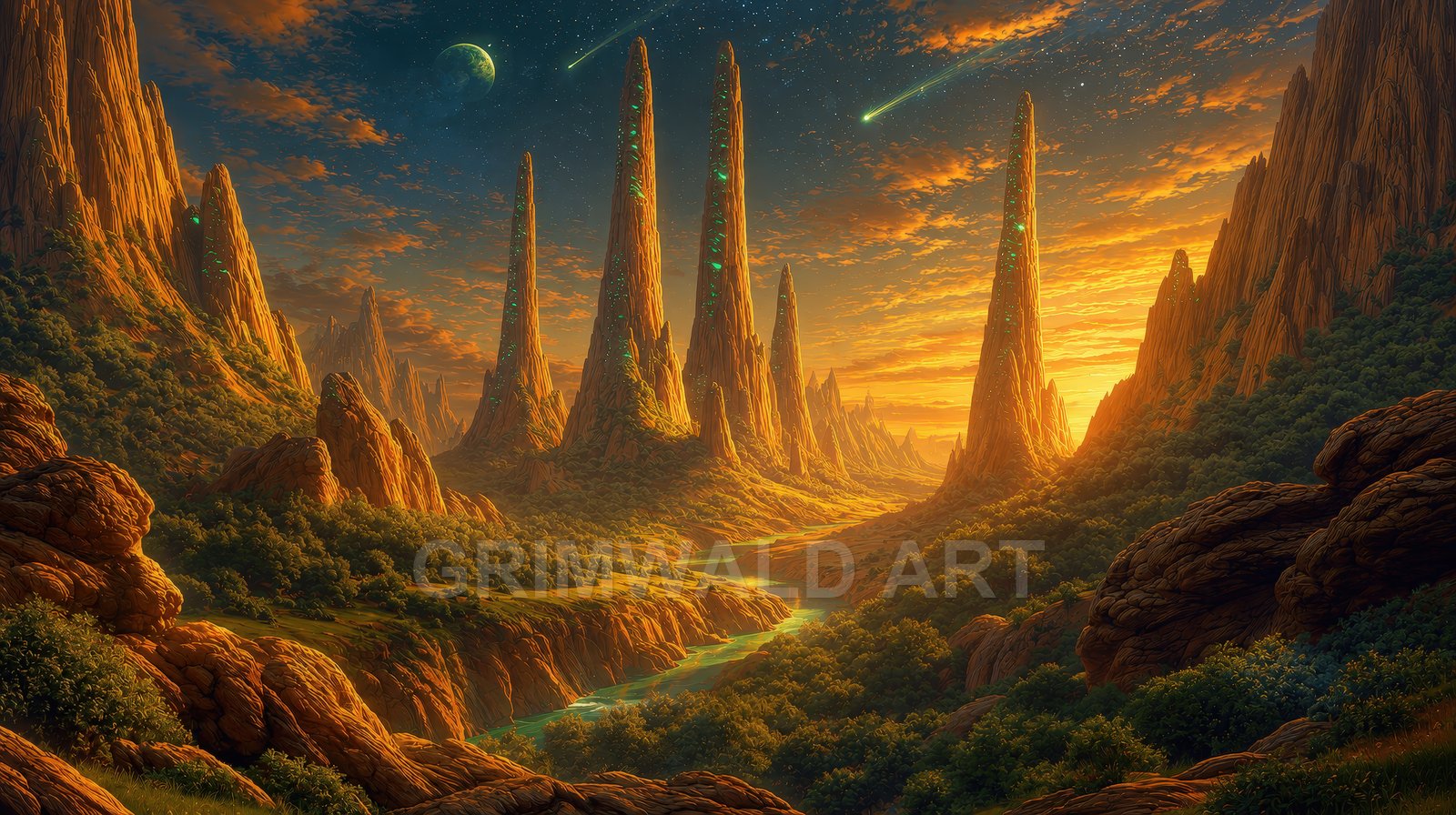 Golden sunset over a fantastical valley of towering rock spires with glowing green seams, a winding river, and meteors streaking beneath a distant moon.