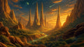 GRID THUMBNAIL — Golden sunset over a fantastical valley of towering rock spires with glowing green seams, a winding river, and meteors streaking beneath a distant moon.