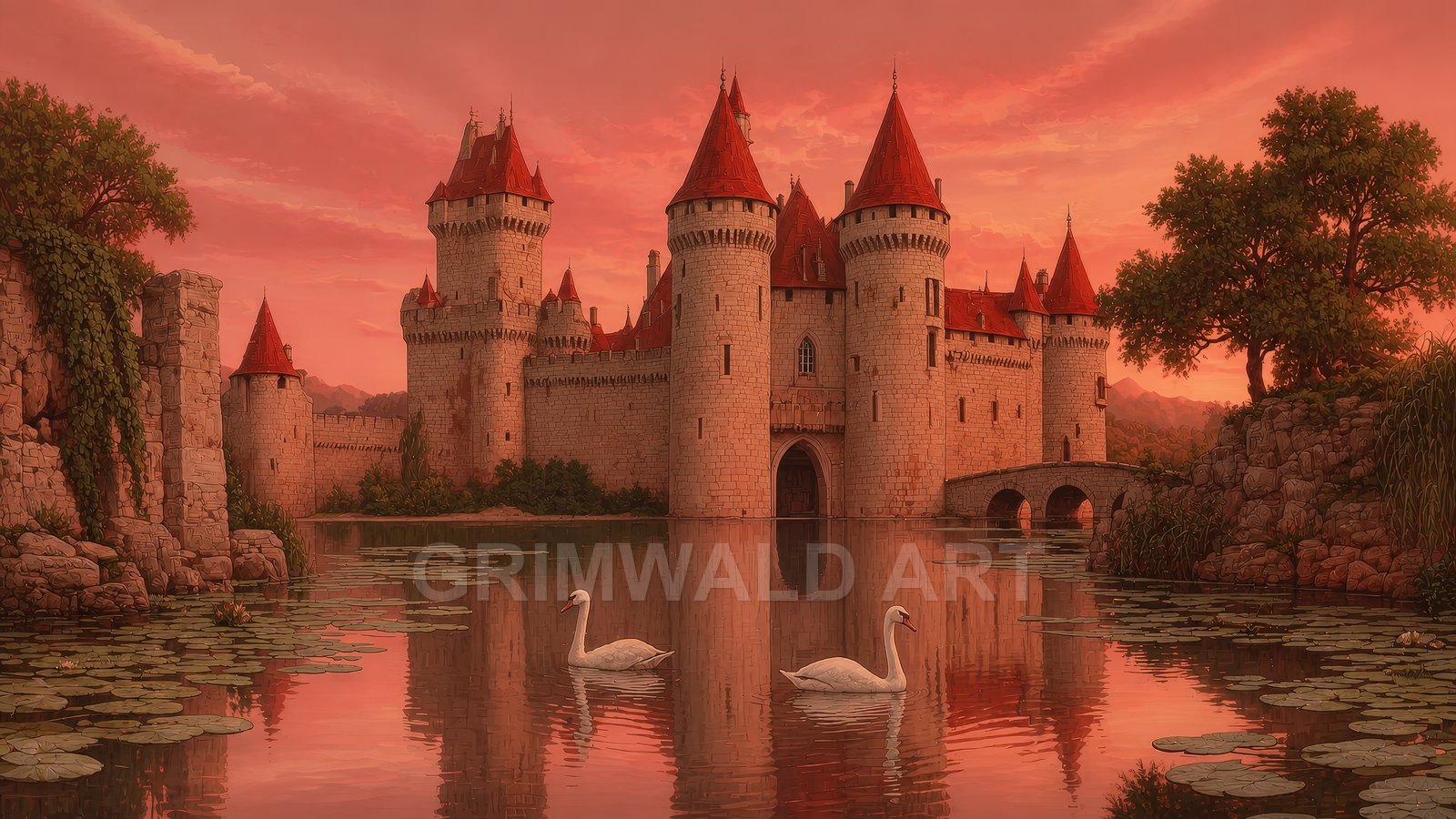 Stone castle with red spires reflected in a calm lake at sunset, lily pads and two swans in foreground, arched bridge to right.