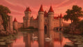 GRID THUMBNAIL — Stone castle with red spires reflected in a calm lake at sunset, lily pads and two swans in foreground, arched bridge to right.