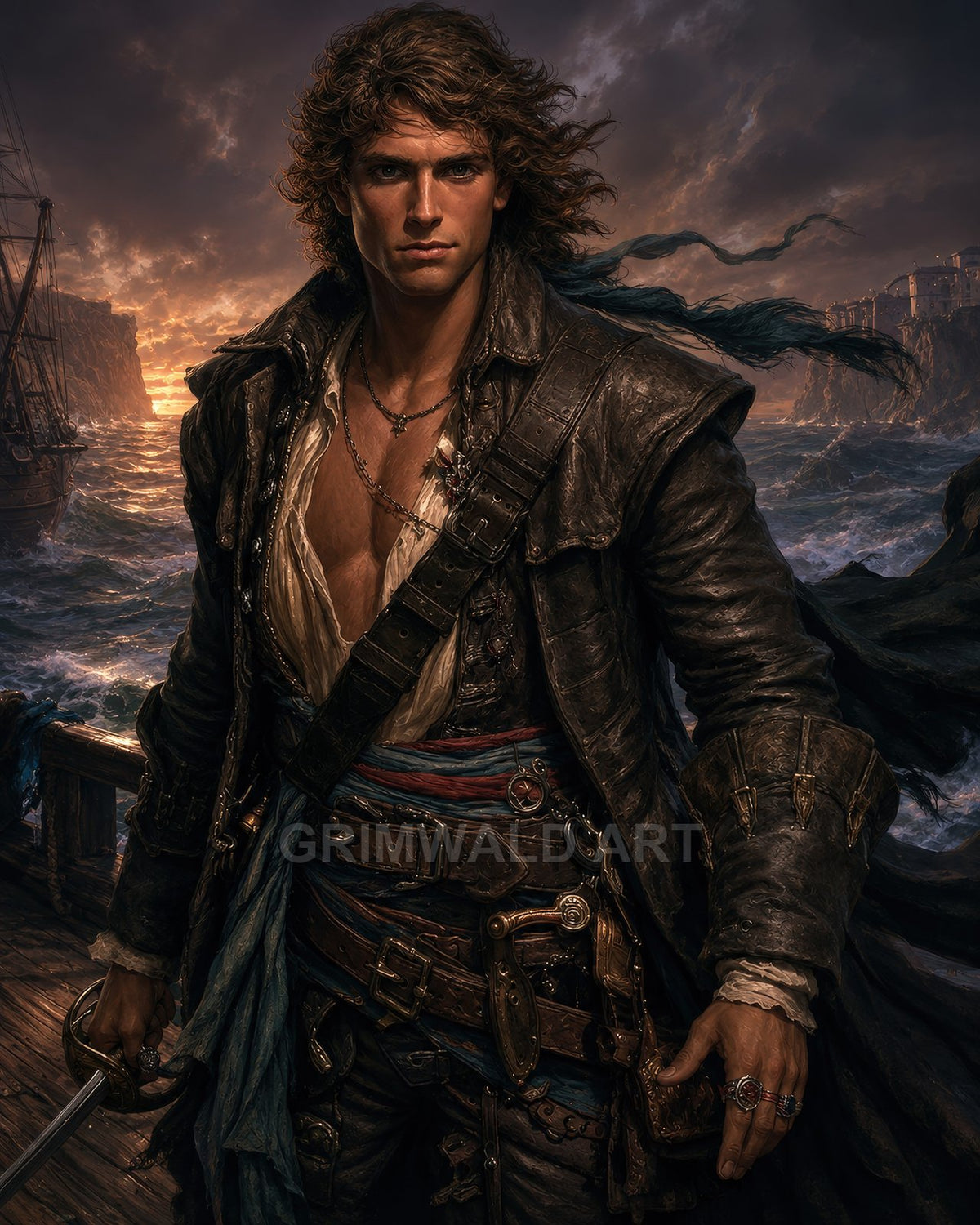 A rugged male pirate with a sword stands on a ship’s deck at sunset, wind-tossed hair, stormy sea and a distant cliffside harbour town.