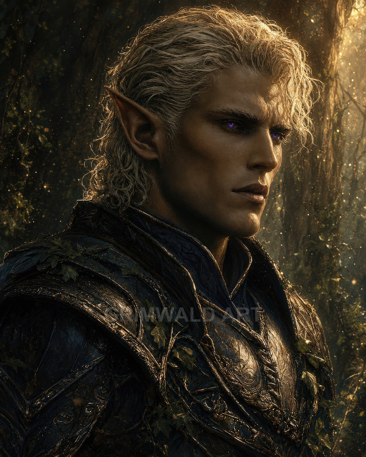 Close-up portrait of a fair-haired elf in ornate, leaf-laced armour, violet eyes glowing softly, standing in a sunlit forest at golden hour.