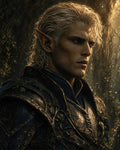 GRID THUMBNAIL — Close-up portrait of a fair-haired elf in ornate, leaf-laced armour, violet eyes glowing softly, standing in a sunlit forest at golden hour.