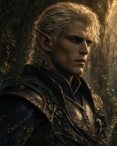 GRID THUMBNAIL — Close-up portrait of a fair-haired elf in ornate, leaf-laced armour, violet eyes glowing softly, standing in a sunlit forest at golden hour.
