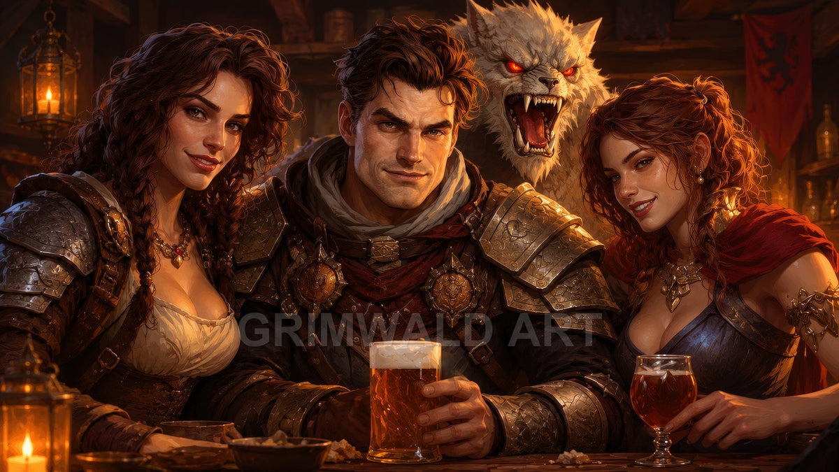 Three armoured adventurers sit at a wooden tavern table with ale, flanked by lanterns, while a snarling white wolf looms behind in warm firelight.