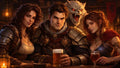 GRID THUMBNAIL — Three armoured adventurers sit at a wooden tavern table with ale, flanked by lanterns, while a snarling white wolf looms behind in warm firelight.