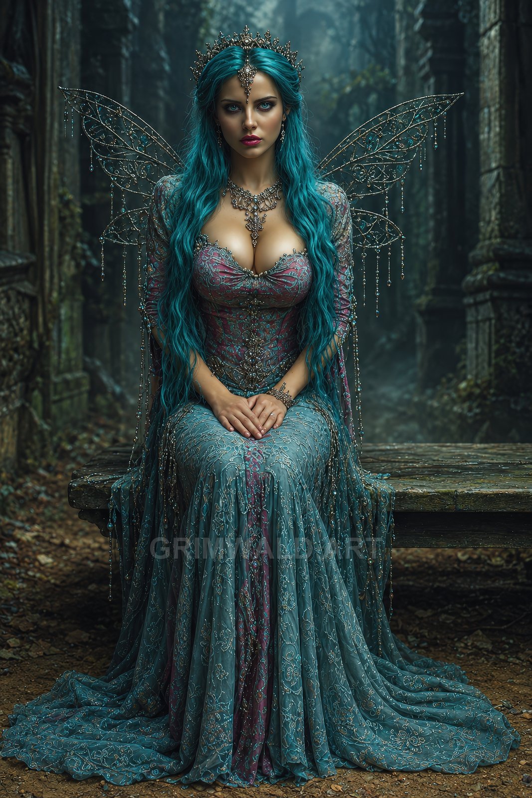 A teal-haired fairy queen in an ornate beaded gown and crown sits on a stone bench amid misty ruins, twilight atmosphere.