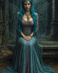 GRID THUMBNAIL — A teal-haired fairy queen in an ornate beaded gown and crown sits on a stone bench amid misty ruins, twilight atmosphere.