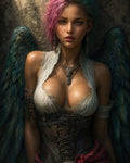 GRID THUMBNAIL — Fantasy portrait of a winged woman with teal feathers and pastel hair, wearing lace and leather with pendants, before a weathered stone wall.
