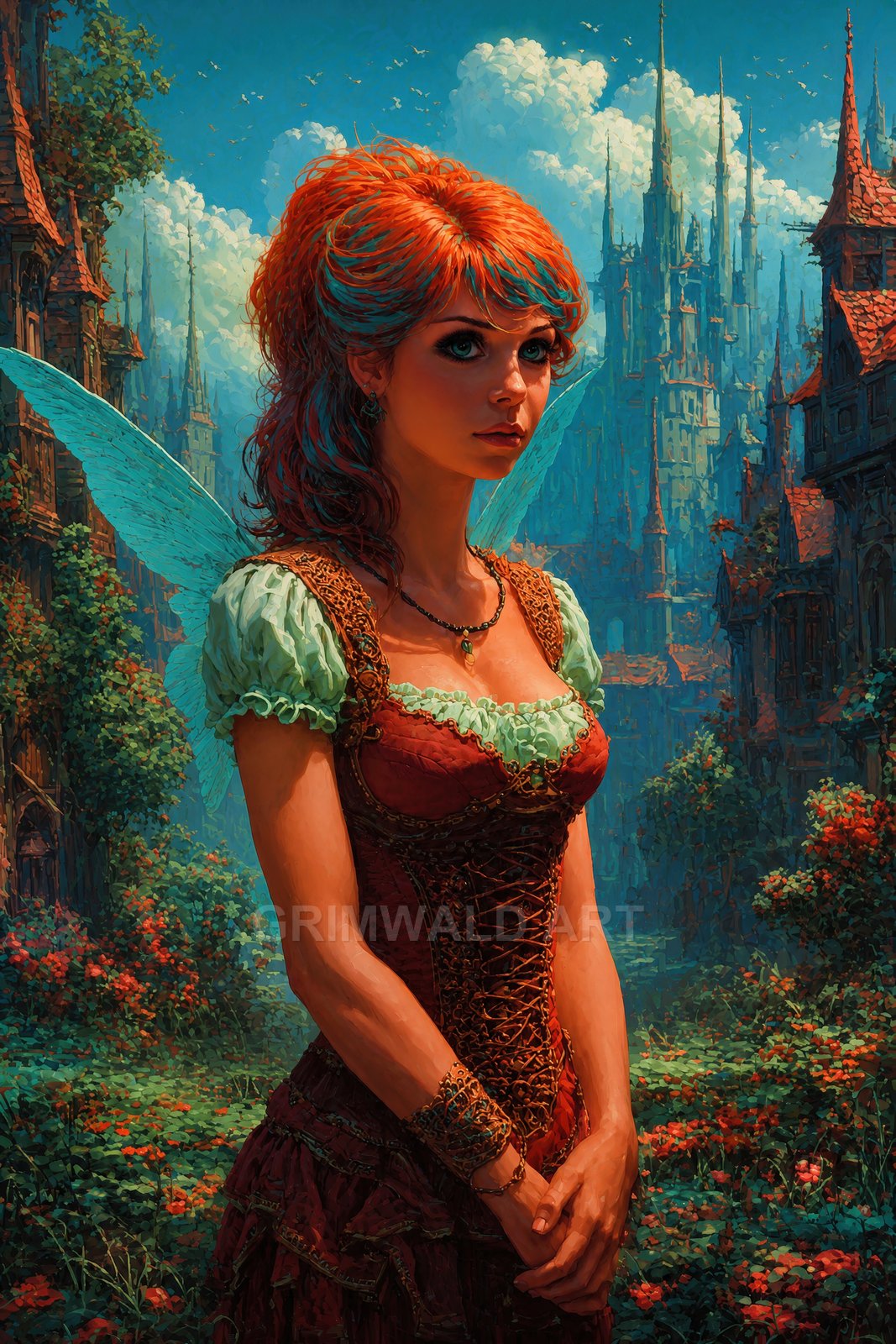 Portrait of a red-haired fairy with teal wings in a laced corset dress, standing in a flowered city courtyard beneath towering spires.