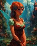 GRID THUMBNAIL — Portrait of a red-haired fairy with teal wings in a laced corset dress, standing in a flowered city courtyard beneath towering spires.