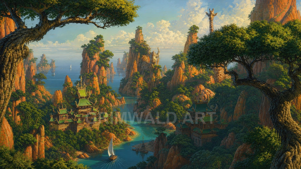 Sunlit tropical archipelago with jade-roofed pagoda temples among orange rock spires, turquoise channels, small sailboats, and a giant giraffe statue beneath bright clouds.