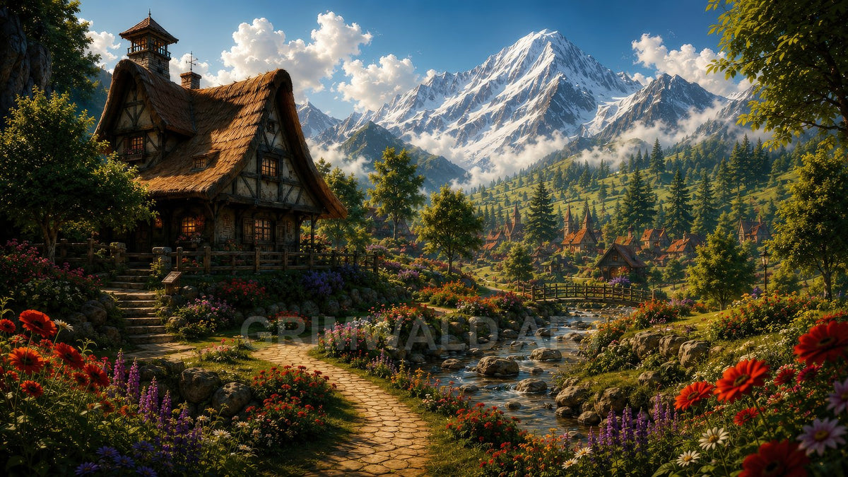 A cosy thatched cottage overlooks a flower-lined stream and wooden bridge, set before a pine valley and towering snow-capped mountains at golden hour.