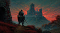 Black-armoured knight overlooking a gothic mountain citadel beneath a fiery crimson-red sky