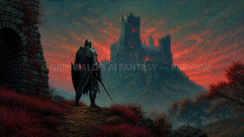 Black-armoured knight overlooking a gothic mountain citadel beneath a fiery crimson-red sky