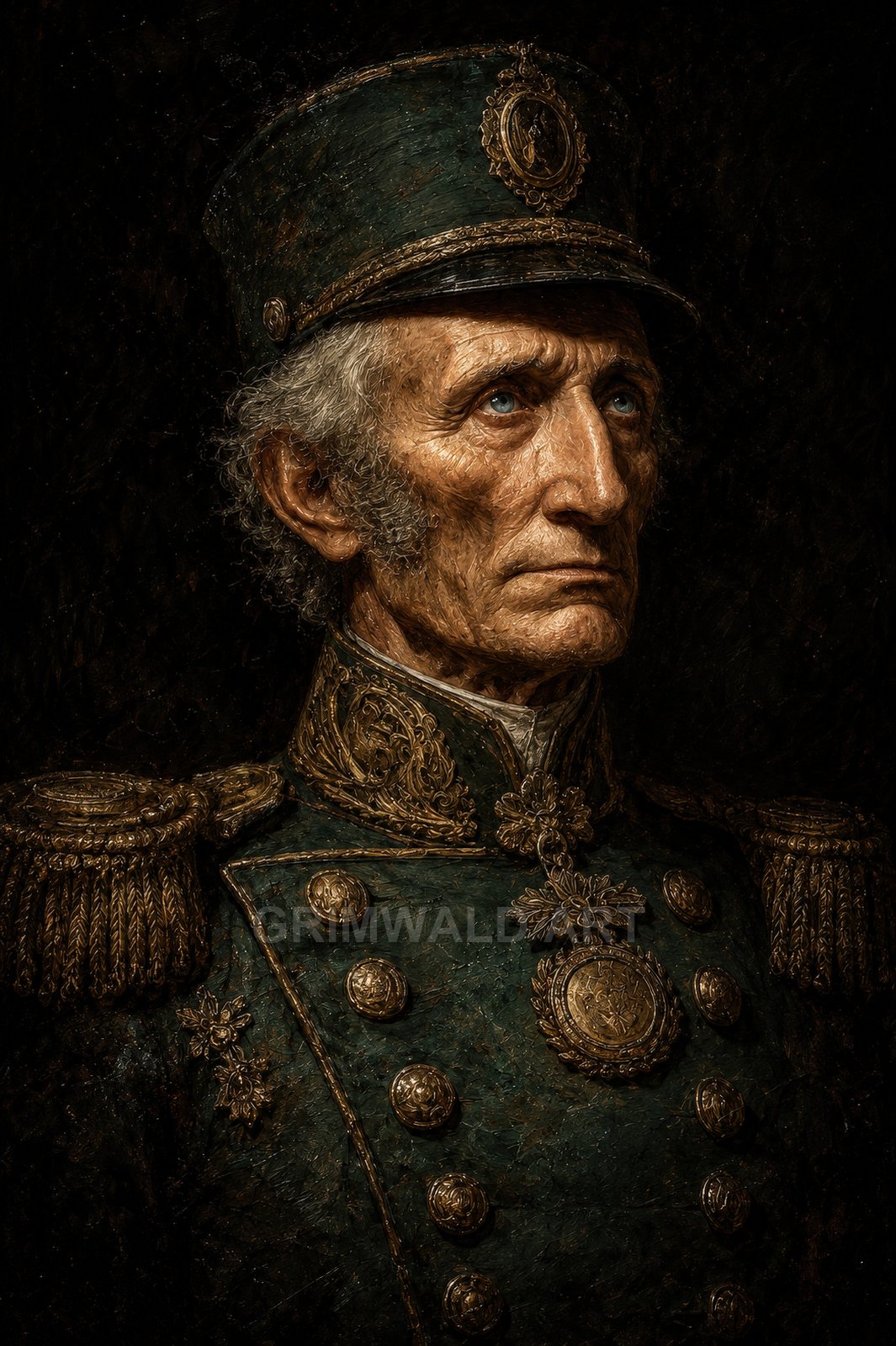 A stern elderly man in an ornate emerald military uniform with gold embroidery, epaulettes and medals, gazing upward against a dark, painterly backdrop.