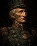 GRID THUMBNAIL — A stern elderly man in an ornate emerald military uniform with gold embroidery, epaulettes and medals, gazing upward against a dark, painterly backdrop.