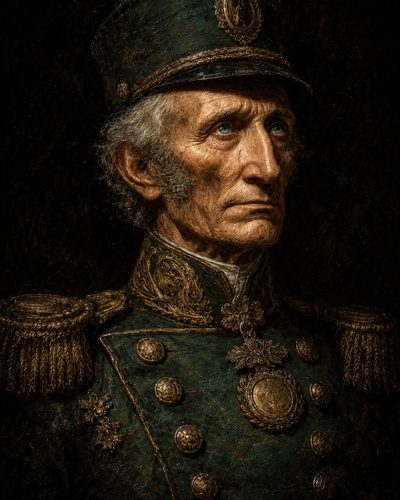 GRID THUMBNAIL — A stern elderly man in an ornate emerald military uniform with gold embroidery, epaulettes and medals, gazing upward against a dark, painterly backdrop.