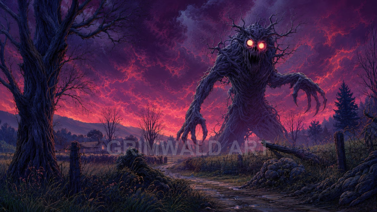 Giant tree-like monster with glowing eyes towers over a rural path and farmhouse beneath dramatic crimson twilight clouds in a dark fantasy landscape.