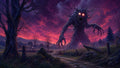 GRID THUMBNAIL — Giant tree-like monster with glowing eyes towers over a rural path and farmhouse beneath dramatic crimson twilight clouds in a dark fantasy landscape.