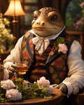 GRID THUMBNAIL — Anthropomorphic toad in a floral waistcoat and cravat sits at a wooden table, holding tea, with flowers and warm lamplight.