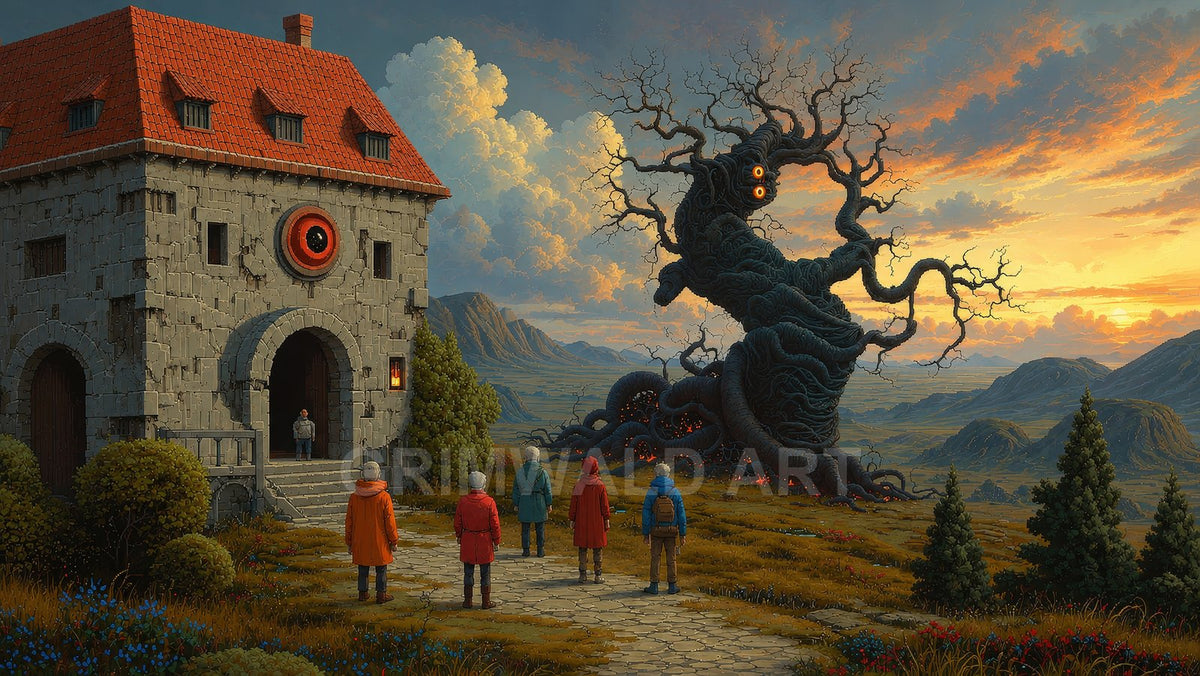 A stone tower with a red eye emblem faces a gnarled, glowing-eyed tree at sunset, with travellers watching across a vast valley.