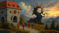 GRID THUMBNAIL — A stone tower with a red eye emblem faces a gnarled, glowing-eyed tree at sunset, with travellers watching across a vast valley.