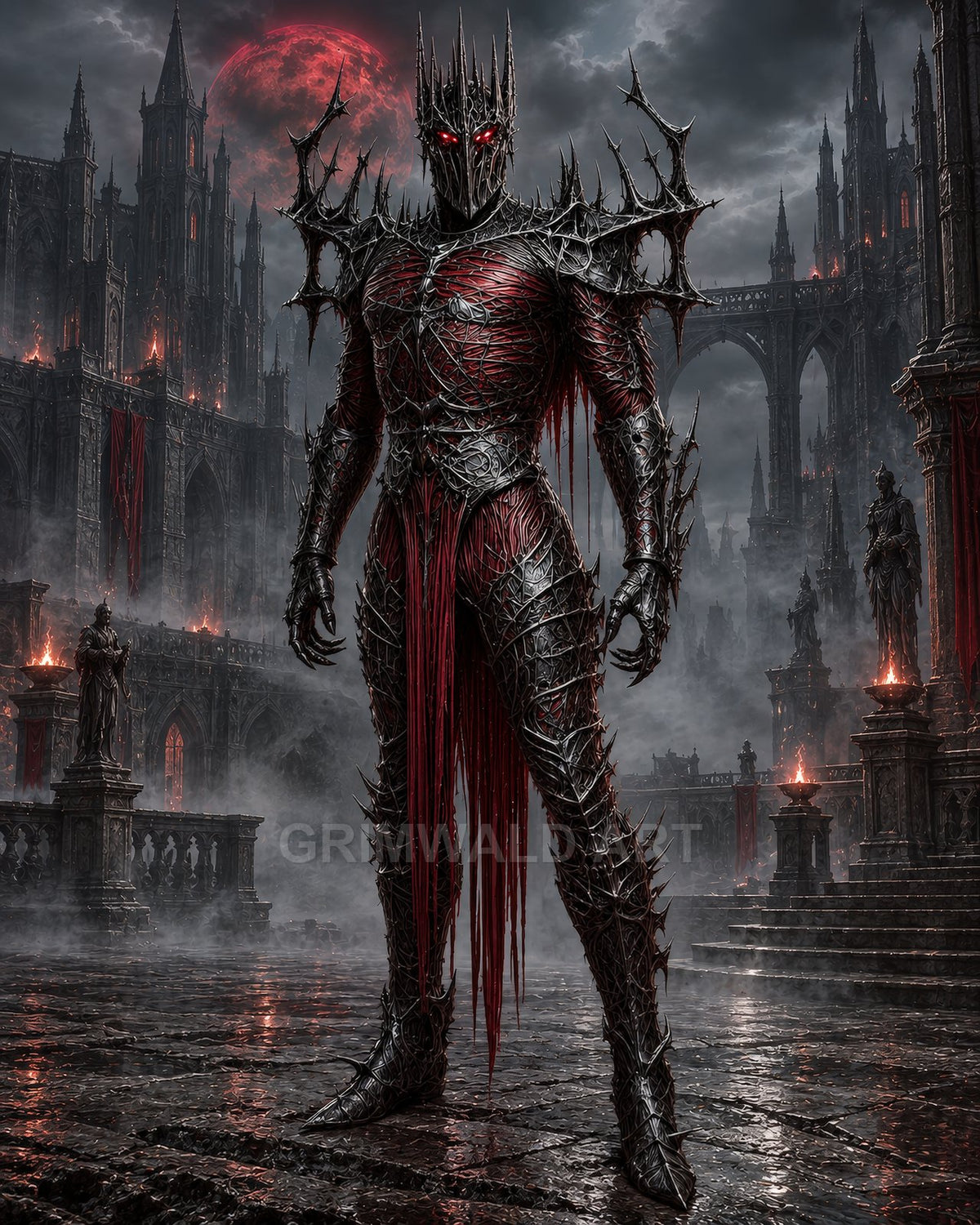 A towering demonic knight in thorned black armour with glowing red eyes stands before a gothic castle under a blood-red moon and firelit braziers.