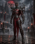 GRID THUMBNAIL — A towering demonic knight in thorned black armour with glowing red eyes stands before a gothic castle under a blood-red moon and firelit braziers.