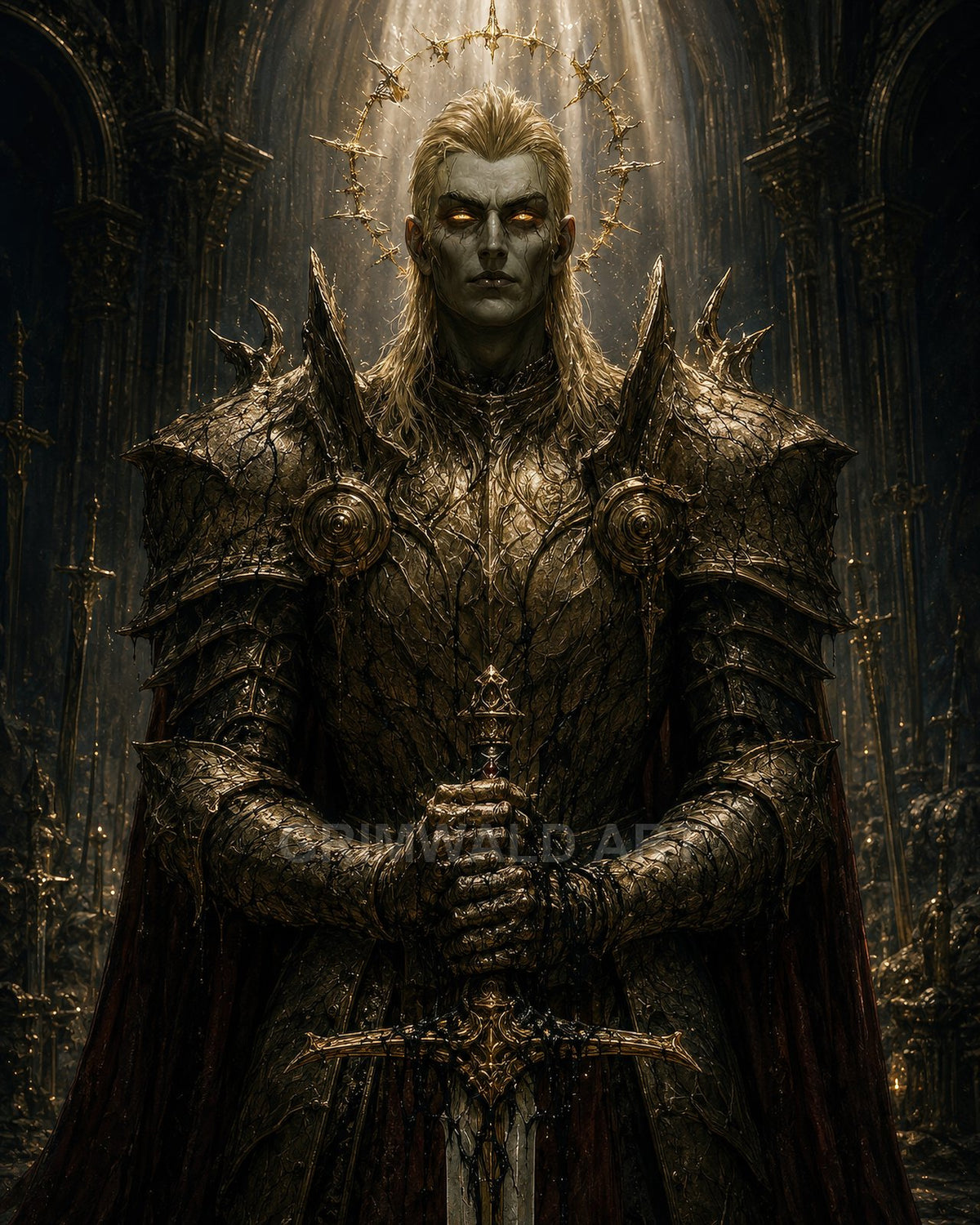 An armoured undead knight with glowing amber eyes stands in a gothic cathedral, thorned halo and ornate sword, bathed in golden shafts of light.