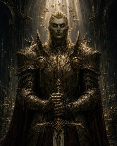 GRID THUMBNAIL — An armoured undead knight with glowing amber eyes stands in a gothic cathedral, thorned halo and ornate sword, bathed in golden shafts of light.