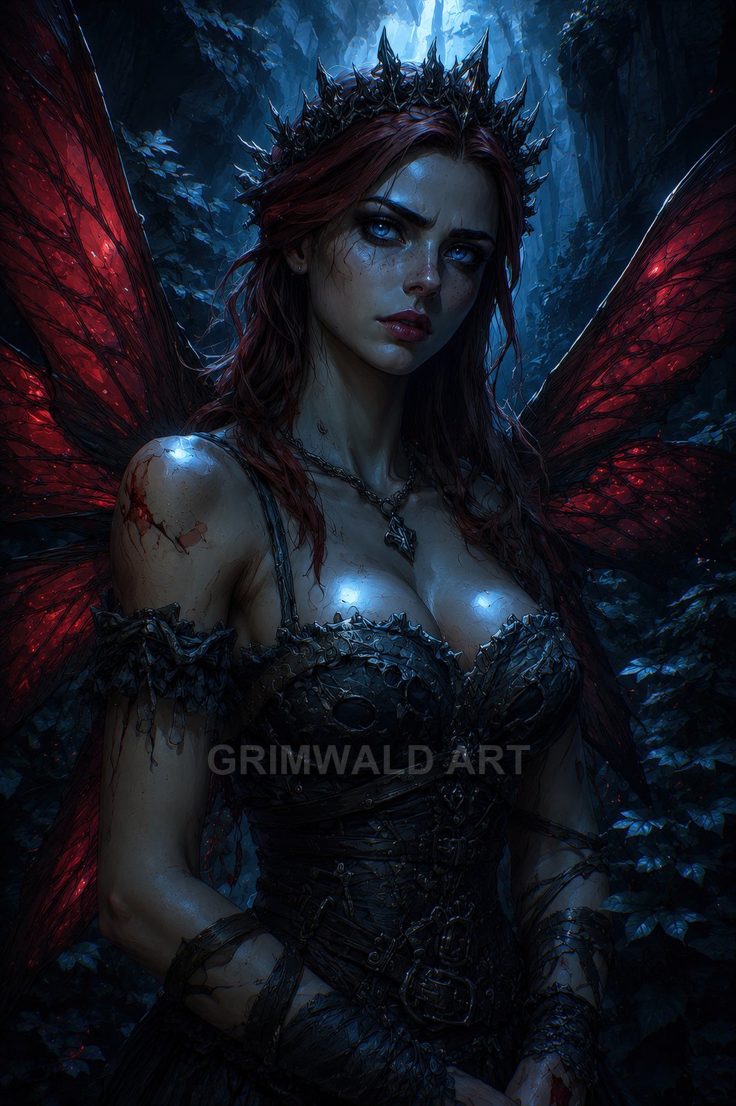 Dark fantasy portrait of a fierce fairy with red wings, thorn crown and black corset armour, standing in a moonlit forest, bloodied and watchful.