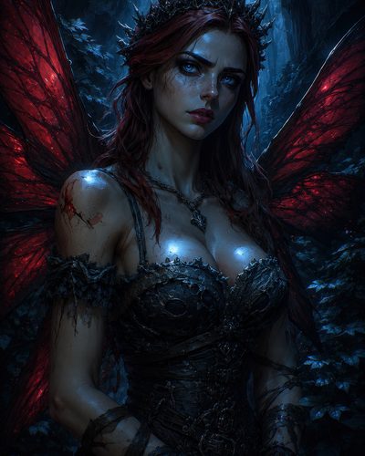 GRID THUMBNAIL — Dark fantasy portrait of a fierce fairy with red wings, thorn crown and black corset armour, standing in a moonlit forest, bloodied and watchful.