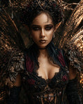GRID THUMBNAIL — Close-up portrait of a dark fairy queen with pointed ears, thorned crown, jewelled corset, and shimmering wings in warm, firelit tones.