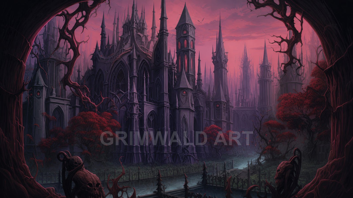 A vast Gothic cathedral bristling with spires stands behind red-leaved trees and thorny branches, ringed by iron fencing and a dark canal at twilight.