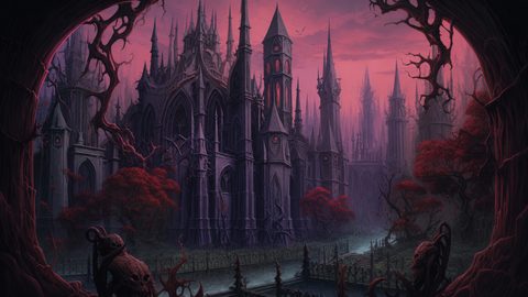 GRID THUMBNAIL — A vast Gothic cathedral bristling with spires stands behind red-leaved trees and thorny branches, ringed by iron fencing and a dark canal at twilight.