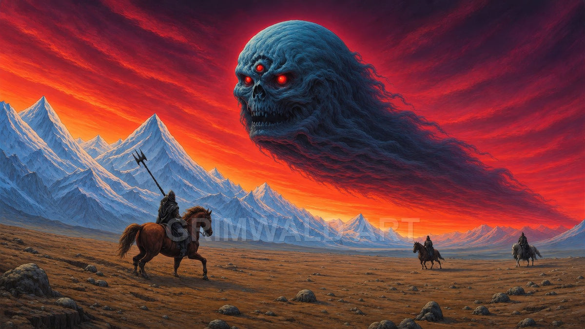Wide barren plain and icy mountains at sunset, overshadowed by a colossal three-eyed spectral skull cloud while three cloaked riders traverse the foreground.
