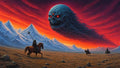 GRID THUMBNAIL — Wide barren plain and icy mountains at sunset, overshadowed by a colossal three-eyed spectral skull cloud while three cloaked riders traverse the foreground.