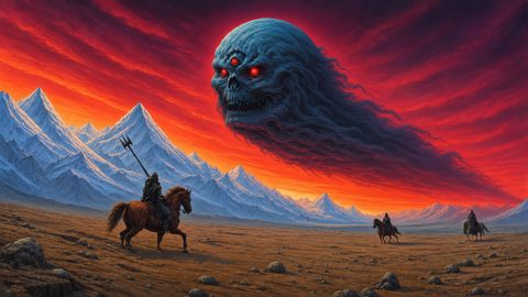 GRID THUMBNAIL — Wide barren plain and icy mountains at sunset, overshadowed by a colossal three-eyed spectral skull cloud while three cloaked riders traverse the foreground.