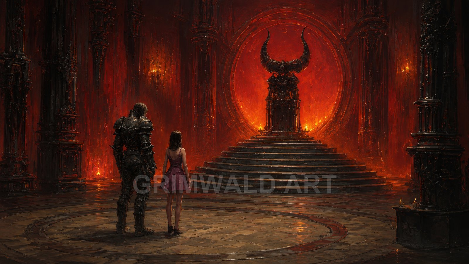 A vast fiery cathedral interior with a horned black throne atop steps, flanked by dark pillars, observed by a knight and a girl.