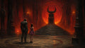 GRID THUMBNAIL — A vast fiery cathedral interior with a horned black throne atop steps, flanked by dark pillars, observed by a knight and a girl.