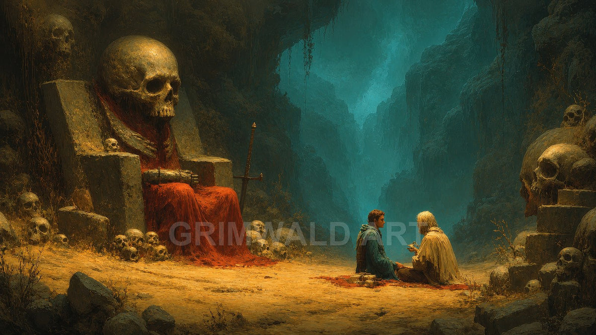 A cavernous ravine with a colossal skull throne draped in red, scattered skulls, a lone sword, and two seated figures under teal light.