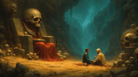 GRID THUMBNAIL — A cavernous ravine with a colossal skull throne draped in red, scattered skulls, a lone sword, and two seated figures under teal light.
