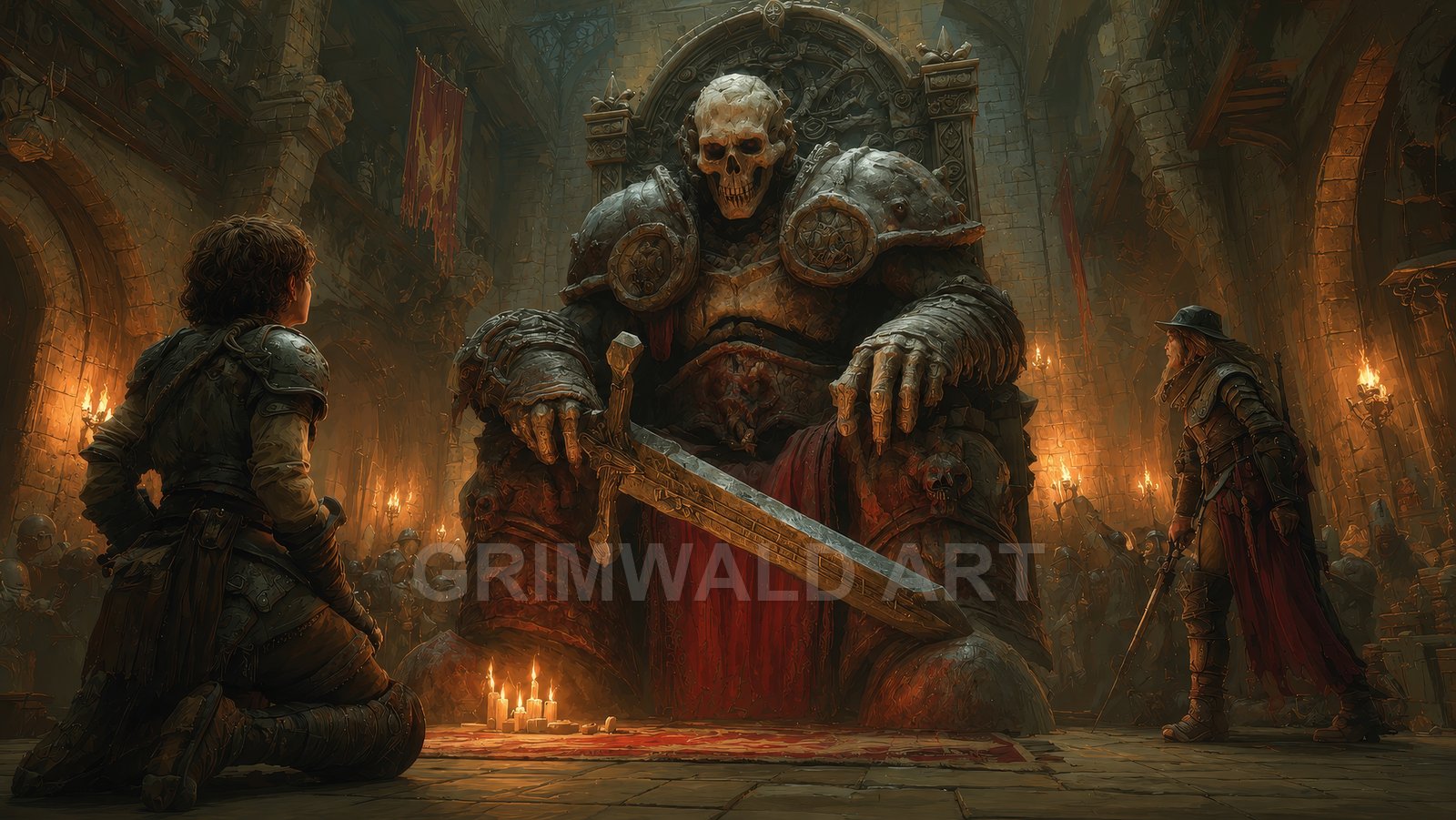 Armoured skeletal giant seated on a stone throne in a torchlit castle hall, towering over kneeling adventurers and scattered candles.