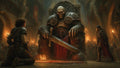 GRID THUMBNAIL — Armoured skeletal giant seated on a stone throne in a torchlit castle hall, towering over kneeling adventurers and scattered candles.