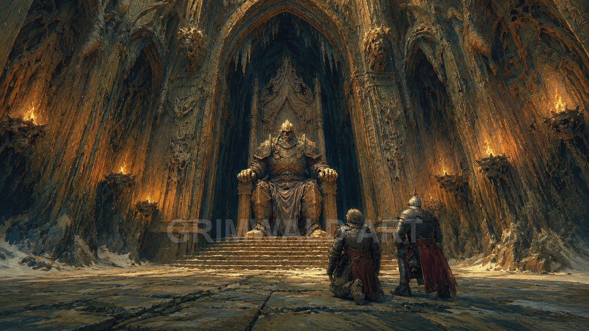 Vast torchlit cathedral chamber with a colossal armoured king enthroned at its centre, two kneeling knights below, carved arches and skull sconces.