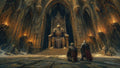 GRID THUMBNAIL — Vast torchlit cathedral chamber with a colossal armoured king enthroned at its centre, two kneeling knights below, carved arches and skull sconces.