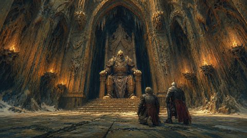 GRID THUMBNAIL — Vast torchlit cathedral chamber with a colossal armoured king enthroned at its centre, two kneeling knights below, carved arches and skull sconces.